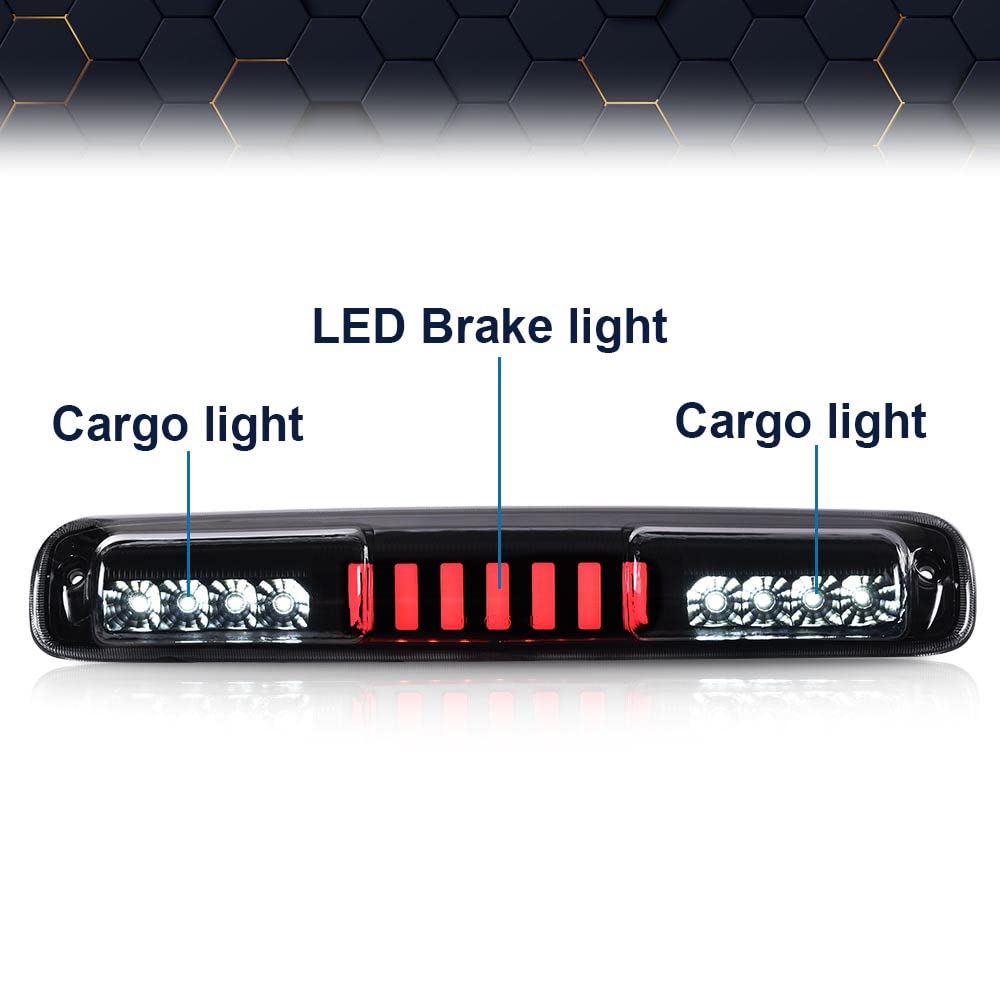 PIT66 LED 3rd Brake Light, Compatible With Chevy Silverado 1999-2007/Fit GMC Sierra 1500 2500HD 3500 1999-2007 High Mount Stop Parking Light I Type Smoke Lens Black Housing