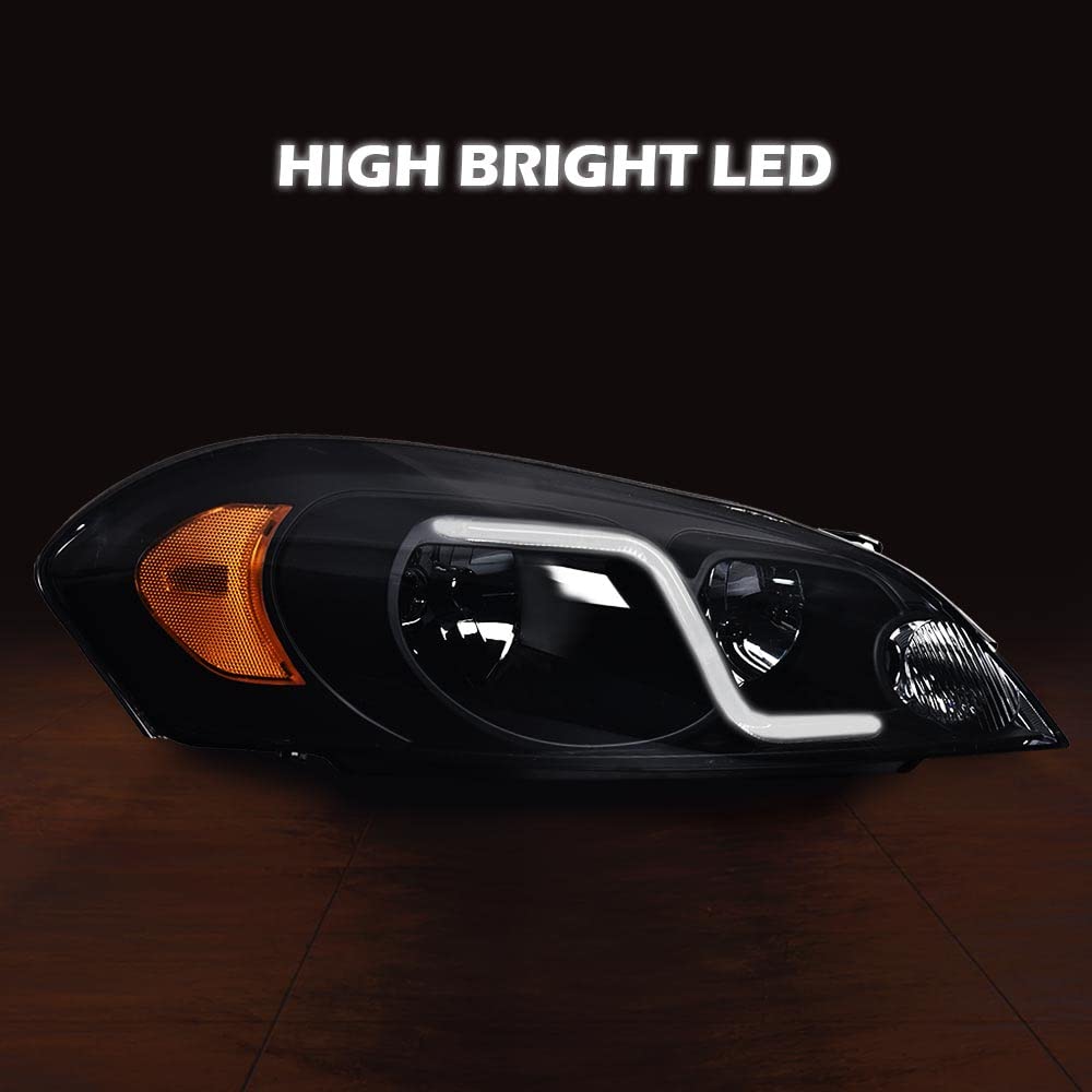PIT66 Led Headlight Assembly Compatible with 06-13 Chevy Impala /14-16 Impala Limited / 06-07 Chevy Monte Carlo DRL Headlamp Accessories Smoky lens Black Housing Amber Reflector