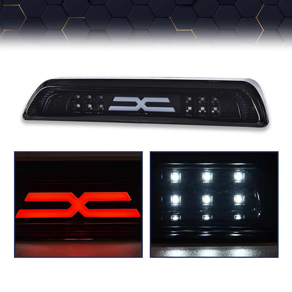 PIT66 LED 3rd Brake Light, Compatible with 2007-2018 Toyota Tundra High Mount LED 3rd Thrid Tail Cargo Brake Light Smoky Lens Black Housing, X Type