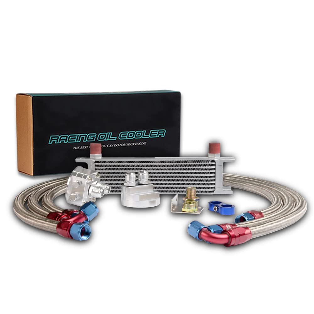 PIT66 10 Row 10AN Universal Aluminum Engine Transmission Oil Cooler Kit+ Oil Filter Relocation Kit Silver A Set