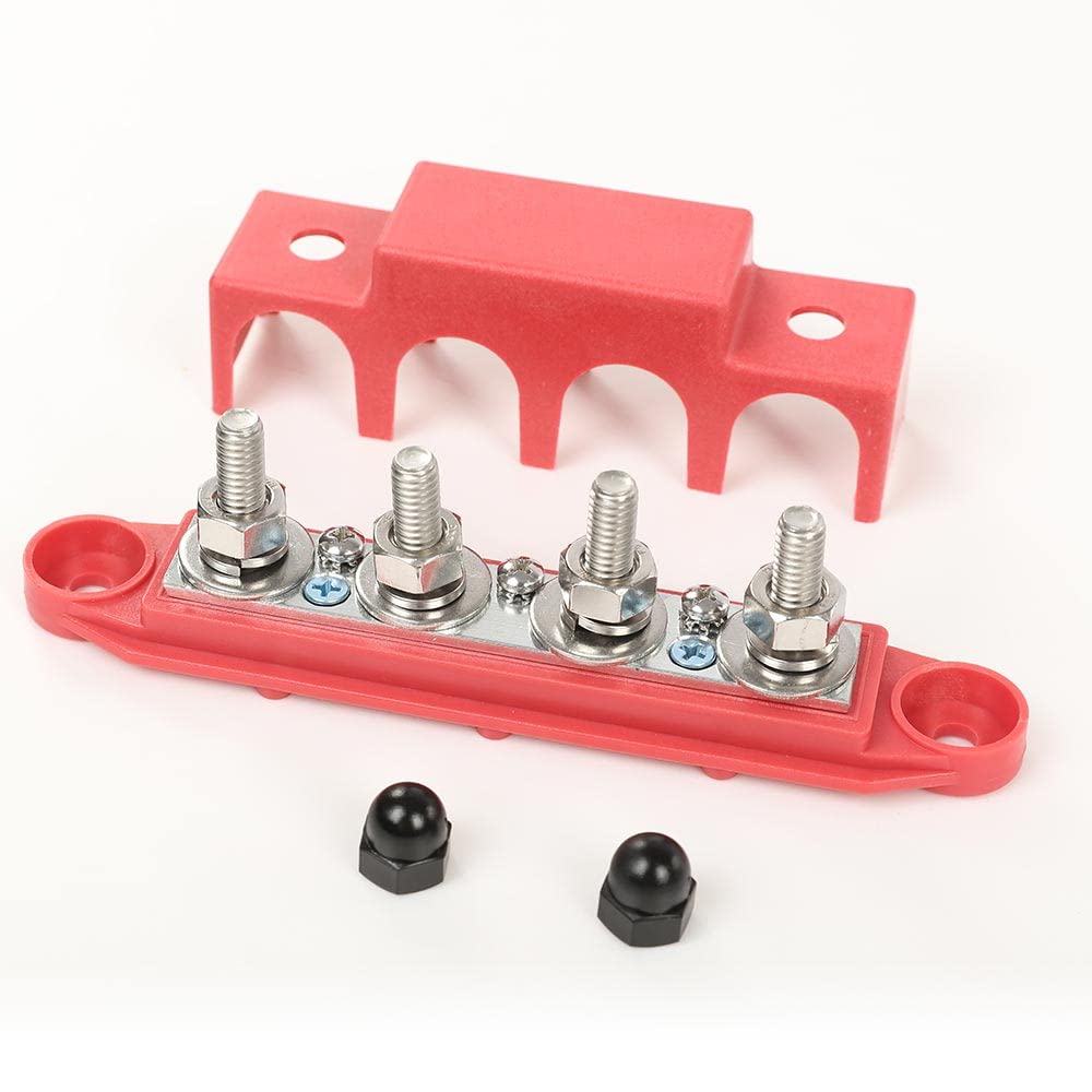 PIT66 12V 250A Power Distribution Block Bus Bar w/ 4 x 5/16"(M8) Studs,4 Post Battery Busbar Terminal Block Fit for Automotive Car RV Truck Marine Solar and Electrical Equipment, Red