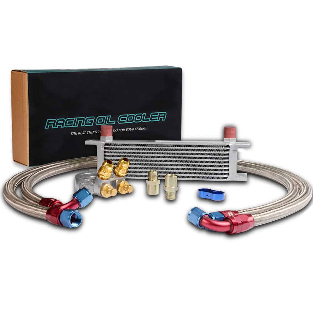 PIT66 10 Row 10AN Universal Aluminum Engine Transmission Oil Cooler Kit+ Oil Filter Relocation Kit Silver C Set 1
