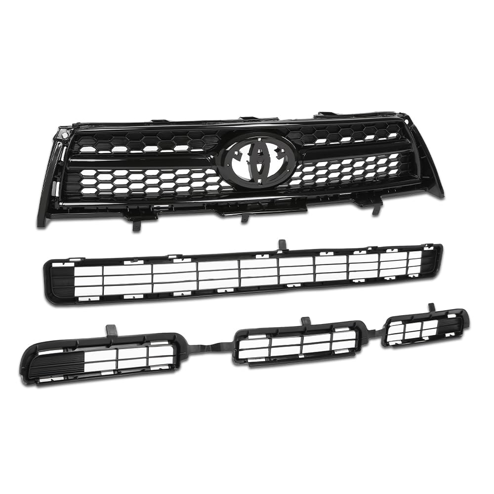 PIT66 Front Bumper Upper & Lower Grille Assembly Compatible with Toyota RAV4 Base/Sport 2009-2012 TO1036114, TO1036115, TO1200315, 531010R010, 531120R010, 531130R010 Glossy Black