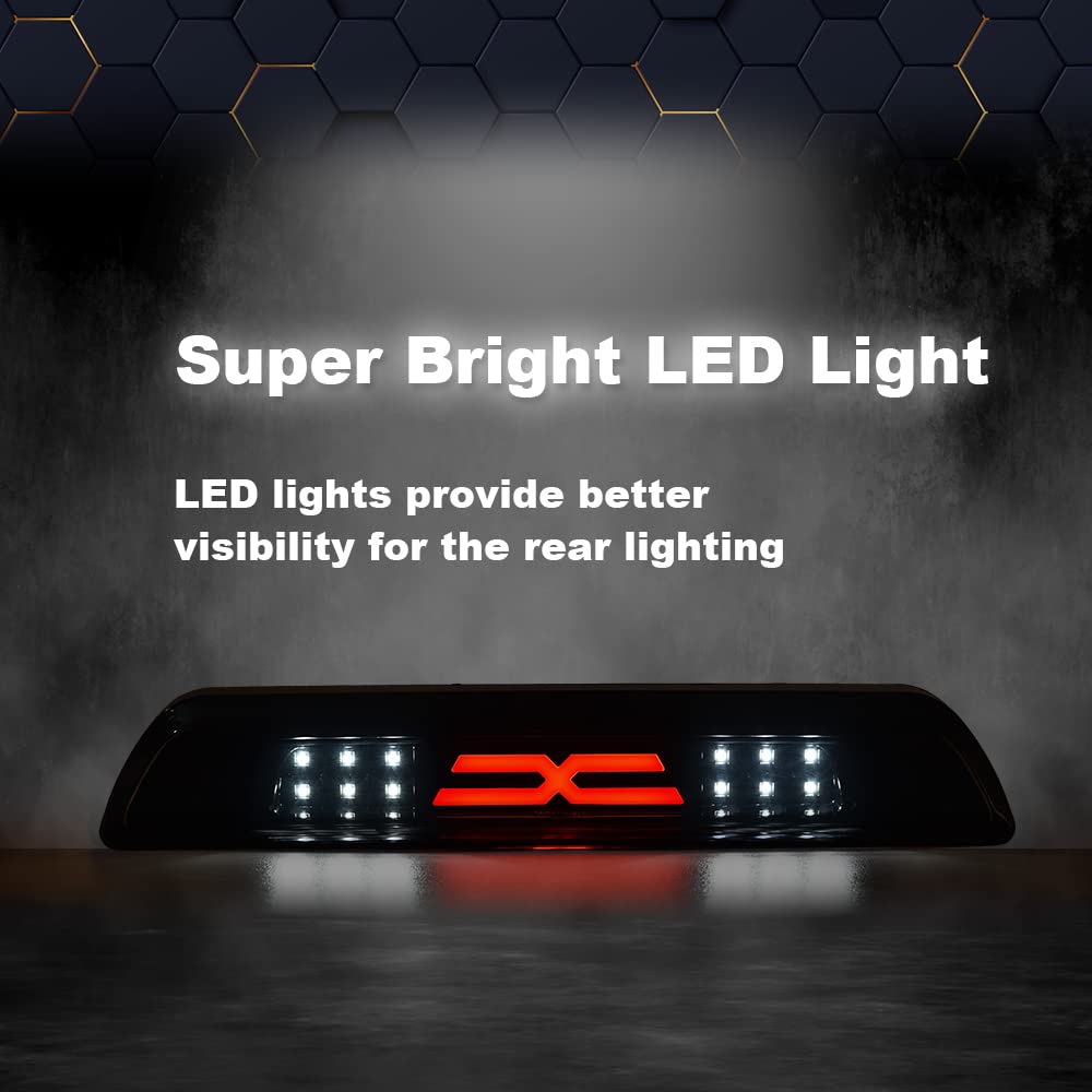 PIT66 LED 3rd Brake Light, Compatible with 2007-2018 Toyota Tundra High Mount LED 3rd Thrid Tail Cargo Brake Light Smoky Lens Black Housing, X Type