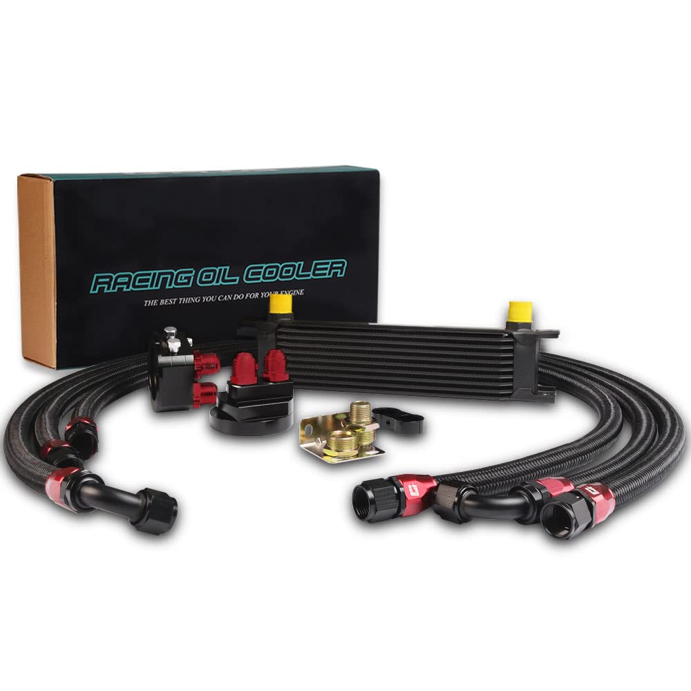 PIT66 10 Row 10AN Universal Aluminum Engine Transmission Oil Cooler Kit+ Oil Filter Relocation Kit Black A Set