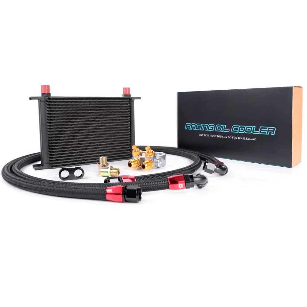 PIT66 25 Row AN10-10AN Universal Aluminum Engine Transmission Oil Cooler Kit+ Oil Filter Relocation Kit Black C Set 1