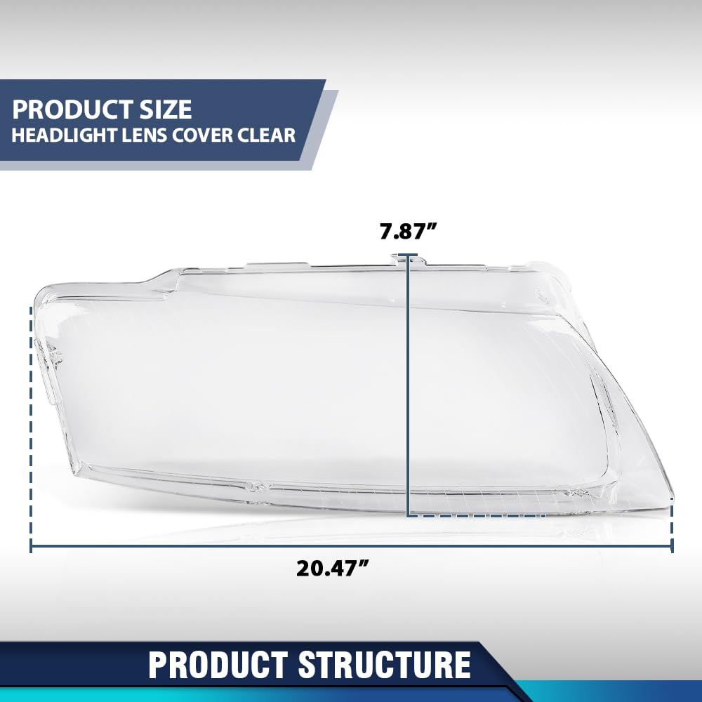 PIT66 Front Headlight Lens Cover Left & Right Pair Compatible with Audi A8 D3 2005 2006 2007 2008 2009 2010 Front Headlamp Lens Cover Clear Lens