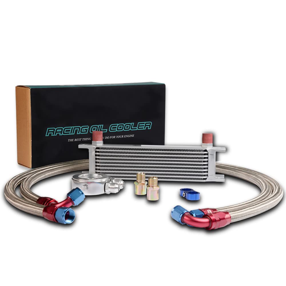 PIT66 10 Row 10AN Universal Aluminum Engine Transmission Oil Cooler Kit+ Oil Filter Relocation Kit Silver B Set