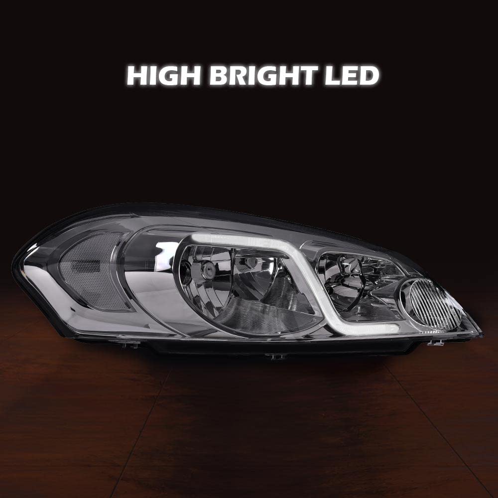 PIT66 LED DRL Headlight Assembly Headlamp Compatible with Chevy Impala 2006-2016, Fit Chevy Monte Carlo 2006-2007 25958359, 25958360 Clear Lens Chrome Housing Clear Reflector