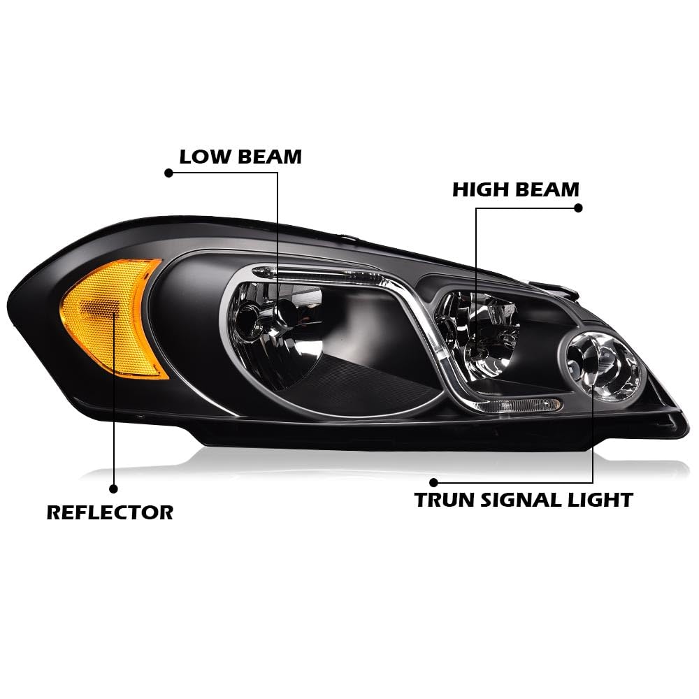 PIT66 LED DRL Headlight Assembly Compatible with 2006-2013 Chevy Impala /14-16 Impala Limited / 06-07 Monte Carlo Headlamp Clear lens Black Housing