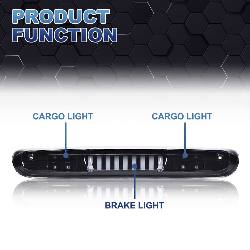 PIT66 LED 3rd Brake Light, Compatible with 2007-2014 Chevy Silverado/2007-2014 GMC Sierra/Compatible with 2009-2010 H-ummer H3T LED Third Brake Light Cargo Black Housing Smoky Lens