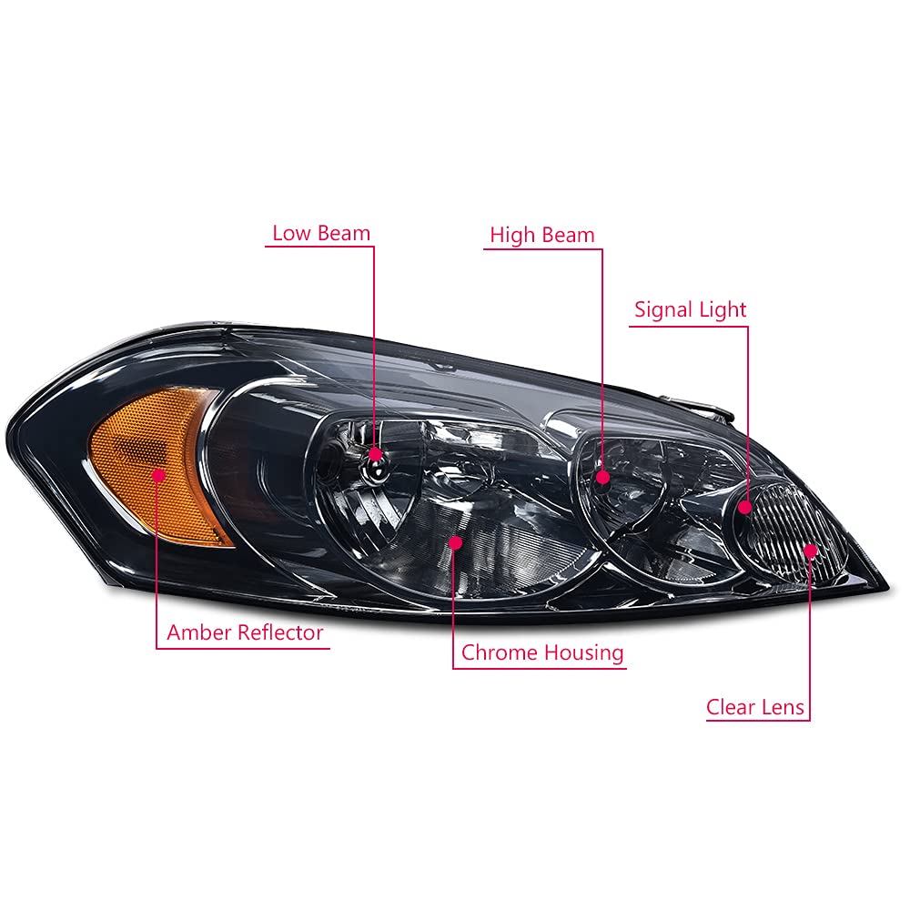 PIT66 Headlight Assembly Compatible with 06-13 Chevy Impala / 14-16 Impala Limited / 06-07 Chevy Monte Carlo Halogen Headlamps Assembly Accessories Smoky lens Chrome Housing Amber Reflector