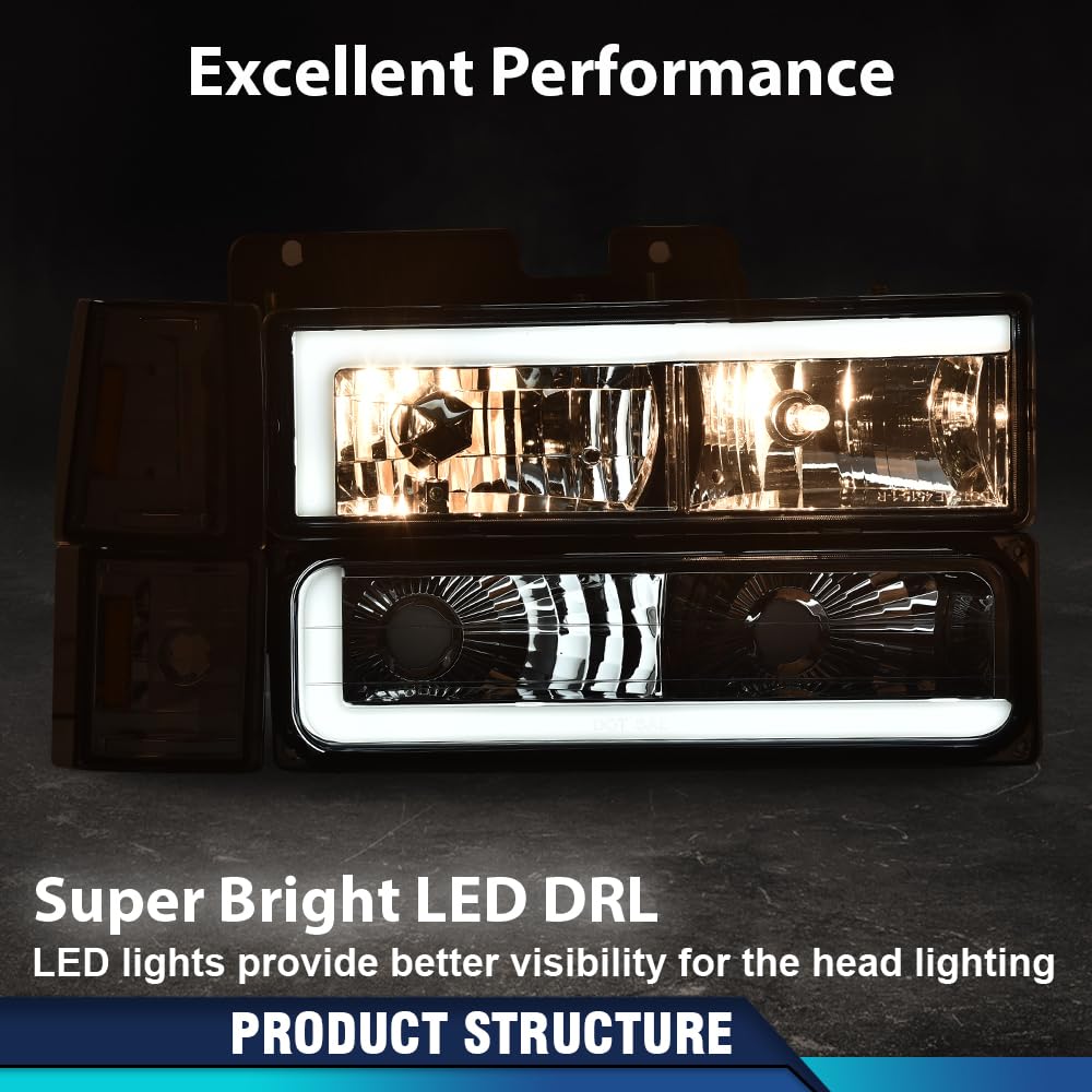 PIT66 LED DRL Headlight Assembly Fit 1994-1998 Chevy C10 C/K 1500 2500 3500
