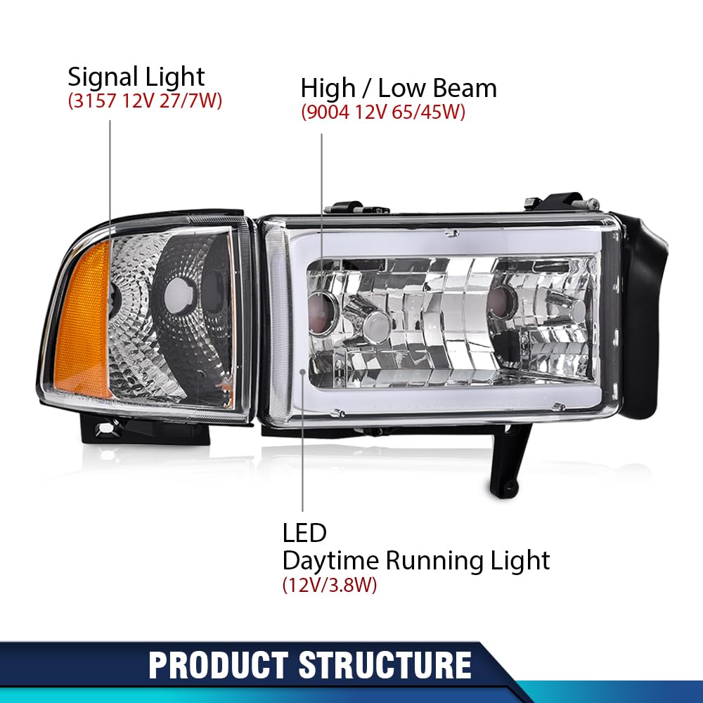 PIT66 LED DRL Headlights Fit Dodge Ram 1500 1994-2001/2500 3500 1994-2002