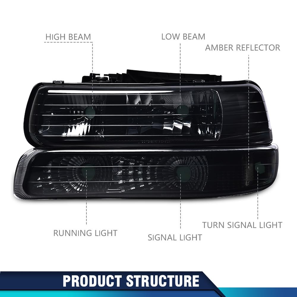 PIT66 Headlight Assembly + LED 3rd Third Brake Light Fit Chevy Silverado 1500 2500 1999 2000 2001 2002/ Fit Silverado 1500HD 2500HD 3500 2001 2002 Halogen Smoky&Red Lens 12210025L, 12210025R
