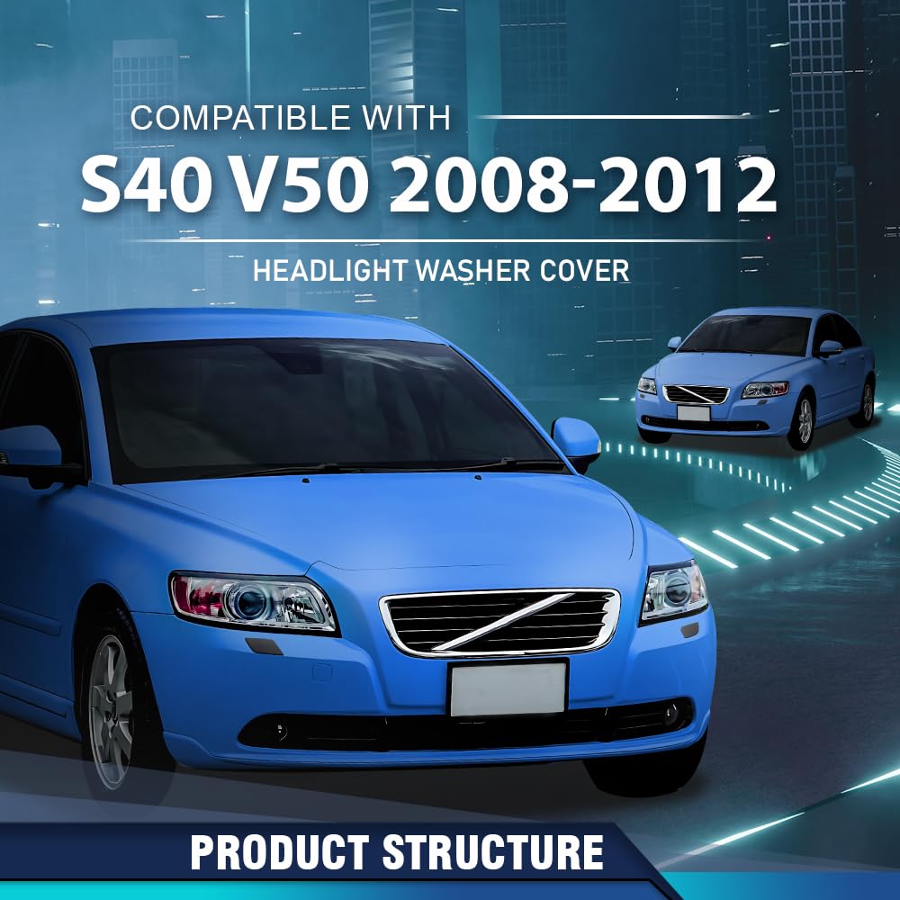 PIT66 Front Left & Right Side Headlight Washer Nozzle Cover Caps Pair Compatible with Volvo S40 V50 2008 2009 2010 2011 2012 39886377, 39886397 Glossy Black