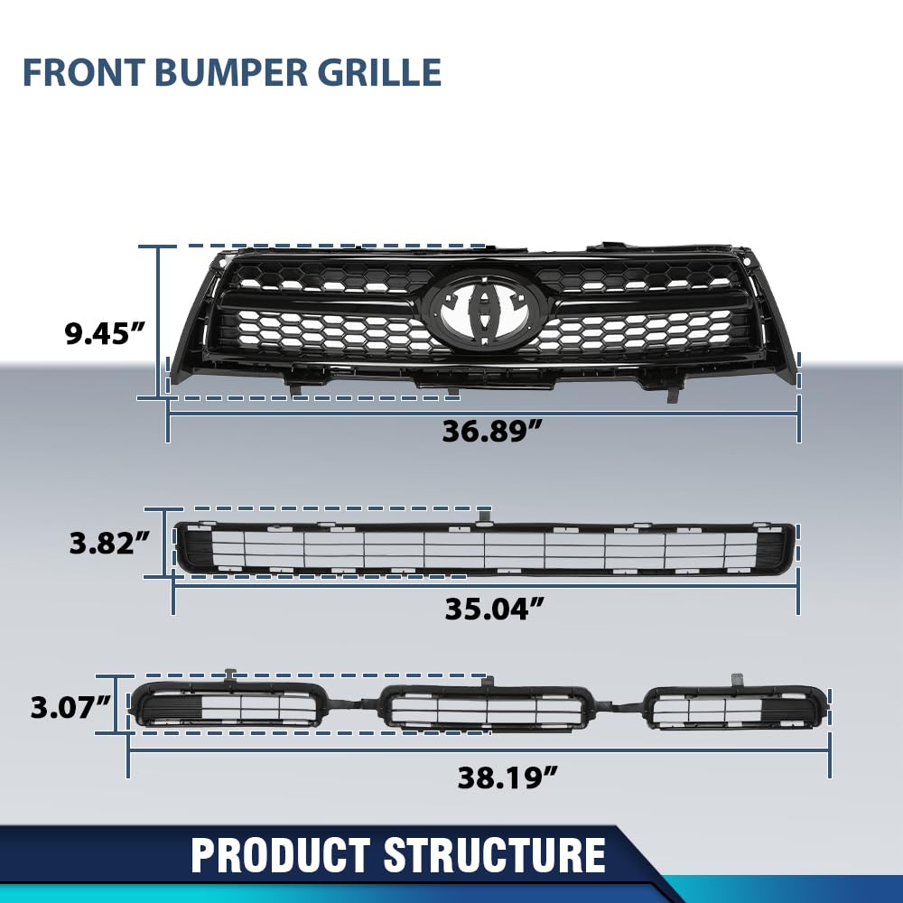 PIT66 Front Bumper Upper & Lower Grille Assembly Compatible with Toyota RAV4 Base/Sport 2009-2012 TO1036114, TO1036115, TO1200315, 531010R010, 531120R010, 531130R010 Glossy Black