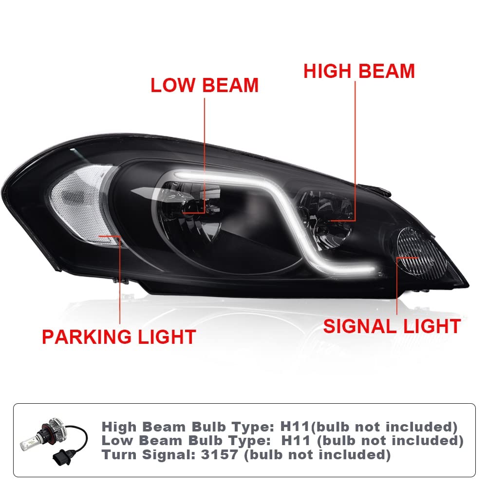 PIT66 LED Headlight, Compatible with Chevy Impala 2006-2013/ Fit Impala Limited 2014-2016/ Fit Monte Carlo 2006-2007 Headlamp DRL Assembly Accessories Smoky lens Black Housing Clear Reflector