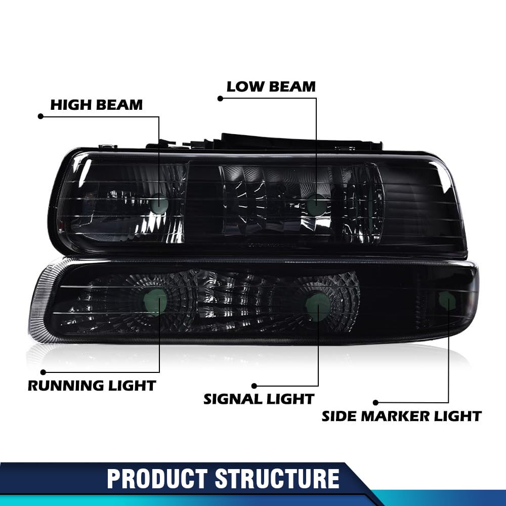 PIT66 LED 3rd Third Brake Light & Headlights Assembly Fit Chevy Silverado & GMC Sierra 1500 2500HD 3500 1999-2006 Halogen Smoky&Red Lens 12210025R, 12210025LCAPA, GM2502187
