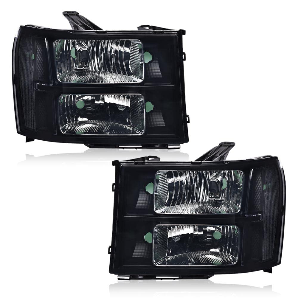 PIT66 Headlights Assembly Compatible with 2007-2013 GMC Sierra 1500,07-14 2500HD 3500HD Headlamps Replacement Smoky Lens Black Housing Clear Reflector faros delanteros