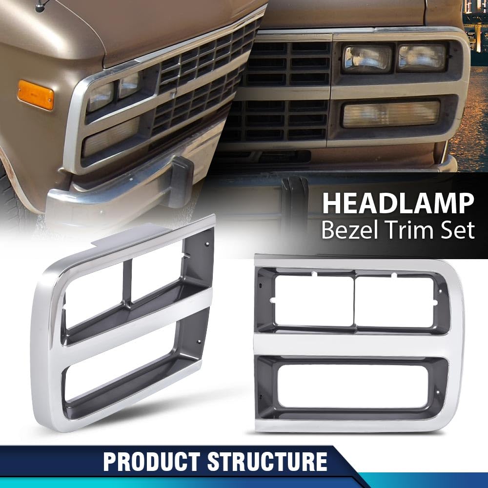 PIT66 Chrome Headlight Bezel Trim Surround Pair Compatible with Chevy G10/G20 1992-1995, G30 1992-1996, P30 Base 1992-1996 15685966 15685965 GM2513187 GM2512187