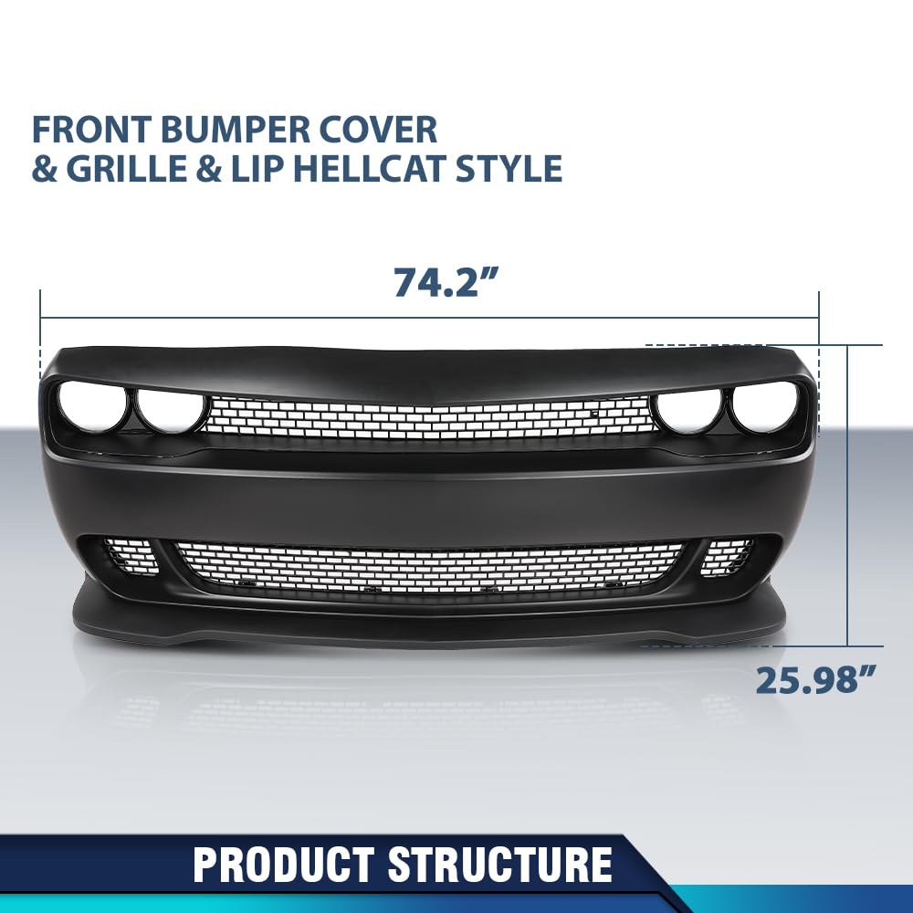 PIT66 Front Bumper Cover&Grille&Lip Set Fit Challenger Hellcat 2015-2023