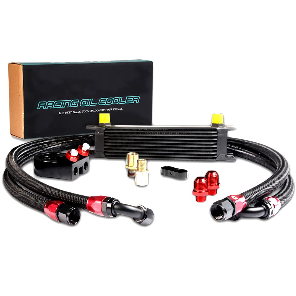 PIT66 10 Row 10AN Universal Aluminum Engine Transmission Oil Cooler Kit+ Oil Filter Relocation Kit Black C Set