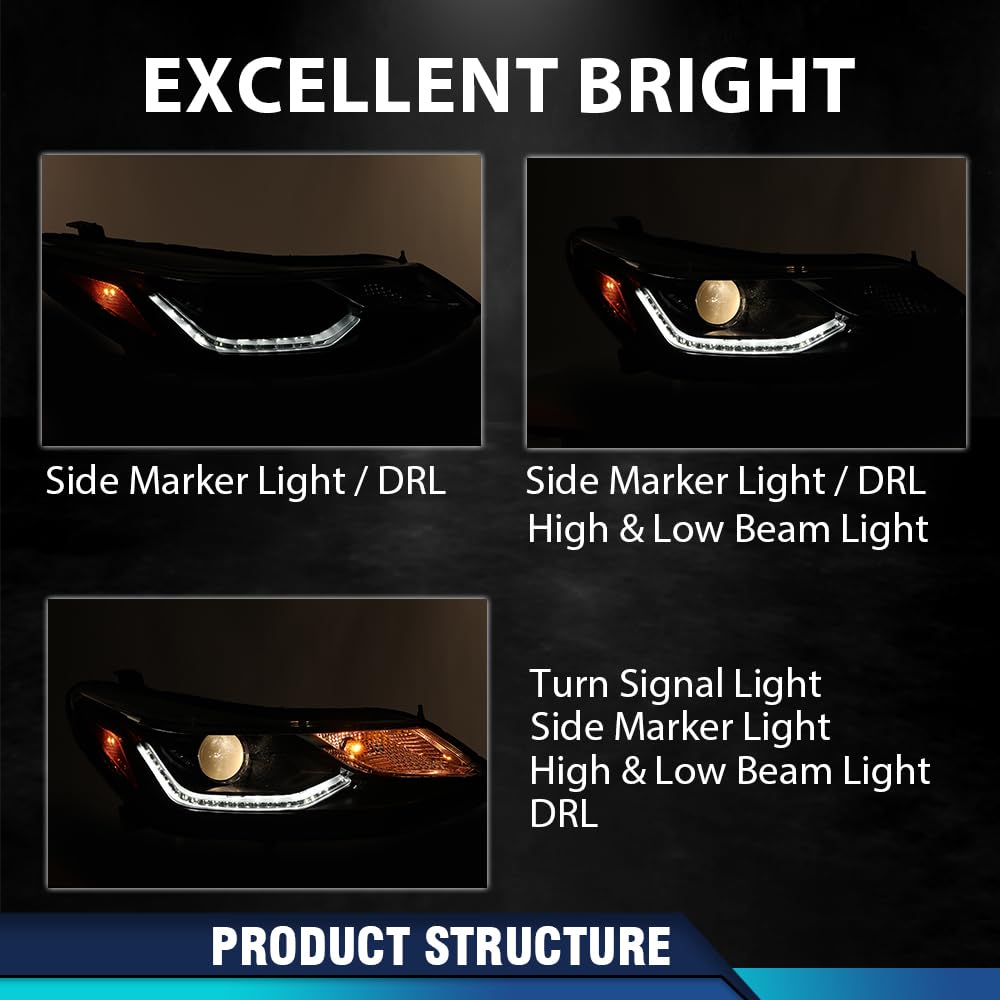 PIT66 LED DRL Headlight AssemblyAssembly Headlamps Left and Right Side Compatible with Chevy Cruze 2016-2019 Clear Lens Black Housing 42680785 42680786 84106695 84156516