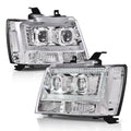 PIT66 LED Tube Dual Projector Headlight Assembly Compatible with 2007-2013 Chevy Avalanche Suburban 2500/2007-2014 Tahoe Suburban 1500, Smoke Lens Chrome Housing Clear Reflector
