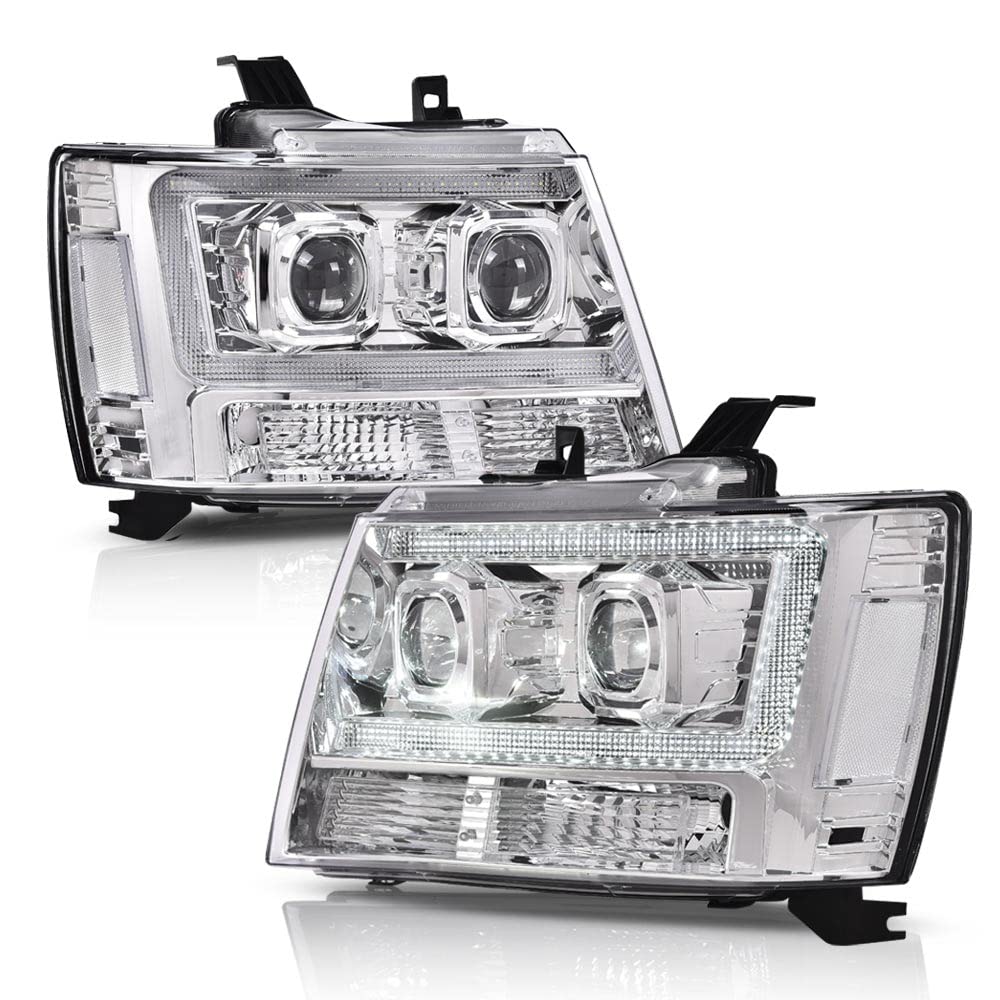 PIT66 LED Tube Dual Projector Headlight Assembly Compatible with 2007-2013 Chevy Avalanche Suburban 2500/2007-2014 Tahoe Suburban 1500, Smoke Lens Chrome Housing Clear Reflector