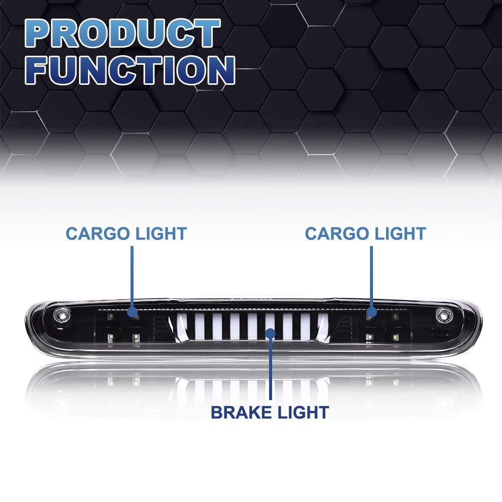 PIT66 LED 3rd Brake Light, Compatible with 2007-2014 Chevy Silverado/2007-2014 GMC Sierra/Compatible with 2009-2010 H-ummer H3T LED Third Brake Light Cargo Black Housing Clear Lens