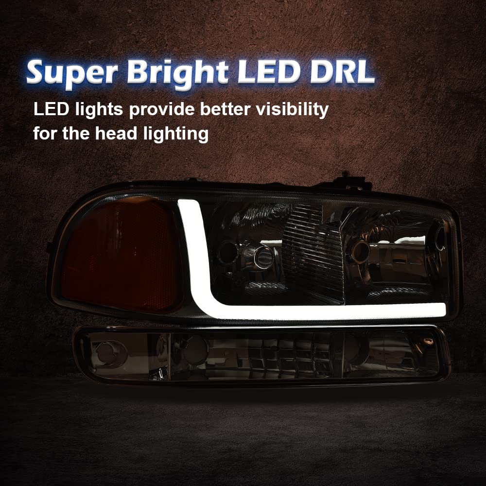 PIT66 LED DRL Headlight Assembly Compatible with 1999-2007 GMC Sierra 1500 2500HD 3500 /Fit 99-06 Yukon, (NOT Fit Denali Trims) Clear Lens Chrome Housing Amber Reflector Headlamps Accessories