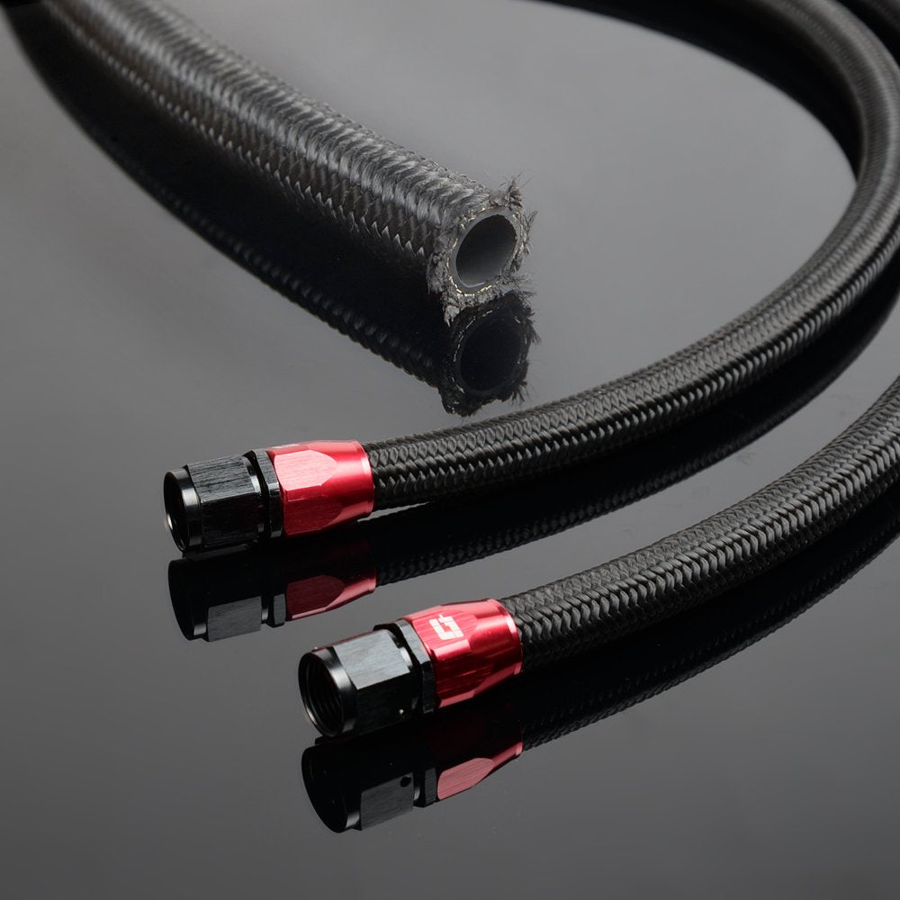 PIT66 AN6 16.4Ft Stainless Steel & Nylon Braided Fuel Line Hose + Fitting Hose End Adaptor Kit Black (Tube OD: 14mm ID: 9mm)