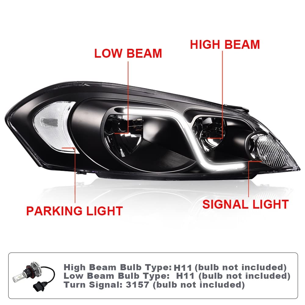 PIT66 LED DRL Headlight, Compatible with 2006-2013 Chevy Impala /2014-2016 Impala Limited/2006-2007 Monte Carlo Replacement Headlamp Assembly Accessories Clear lens Black Housing Clear Reflector