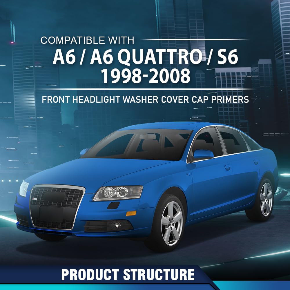 PIT66 Front Headlight Washer Cover Cap 1 Pair Compatible with Audi A6 C6 2005-2008 4F0955275, 4F0955276 Black PC Plastic