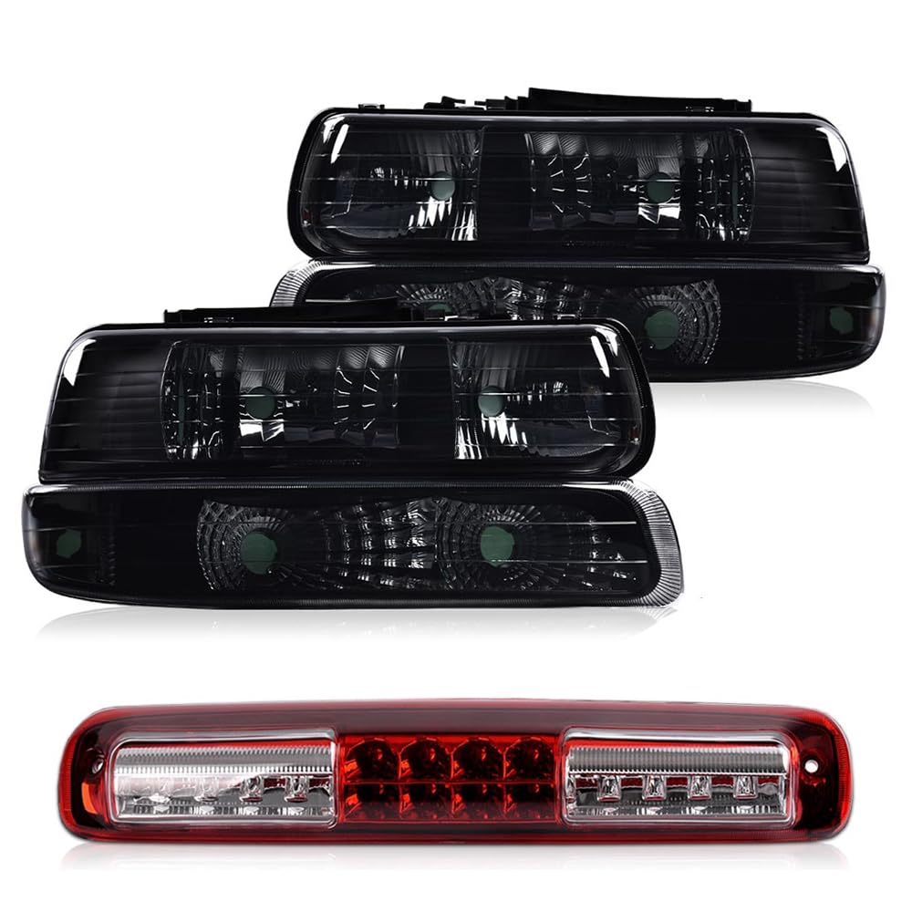 PIT66 LED 3rd Third Brake Light & Headlights Assembly Fit Chevy Silverado & GMC Sierra 1500 2500HD 3500 1999-2006 Halogen Smoky&Red Lens 12210025R, 12210025LCAPA, GM2502187