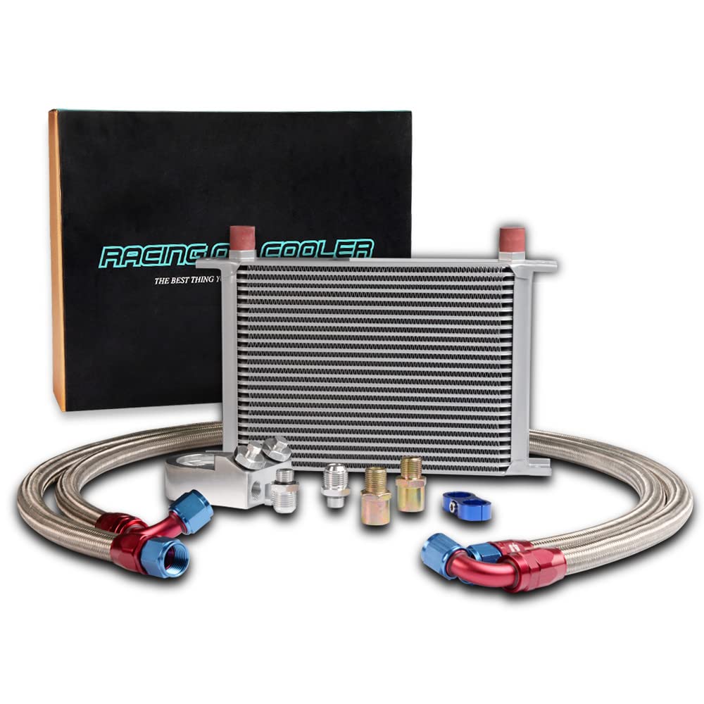 PIT66 25 Row AN10-10AN Universal Aluminum Engine Transmission Oil Cooler Kit+ Oil Filter Relocation Kit Silver C Set