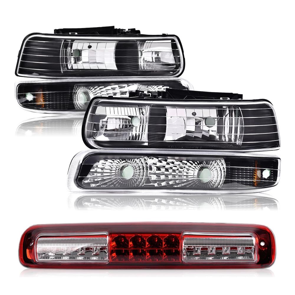 PIT66 Headlight Assembly + Brake Light Compatible with Chevy Silverado 1500 2500 1999-2002/Fit Silverado 1500HD 2500HD 3500 2001-2002/Fit Tahoe Suburban 2000-2006 Halogen Clear & Red Lens 12210025L