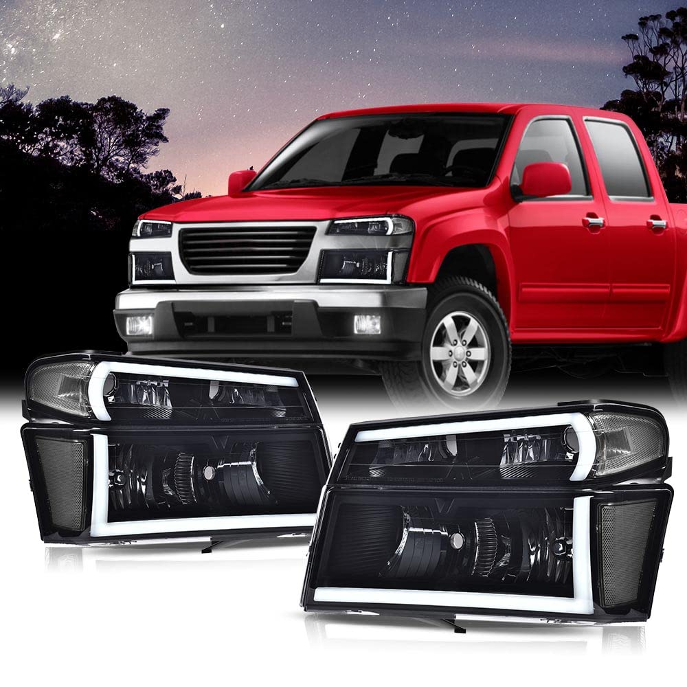 PIT66 LED DRL Headlight Assembly Compatible with 2004-2012 Chevy Colorado & GMC Canyon/Fit 2006 Isuzu i-280 i-350/07-08 Isuzu i-290 i-370 Headlamps Smoke Lens Black Housing Clear Reflector