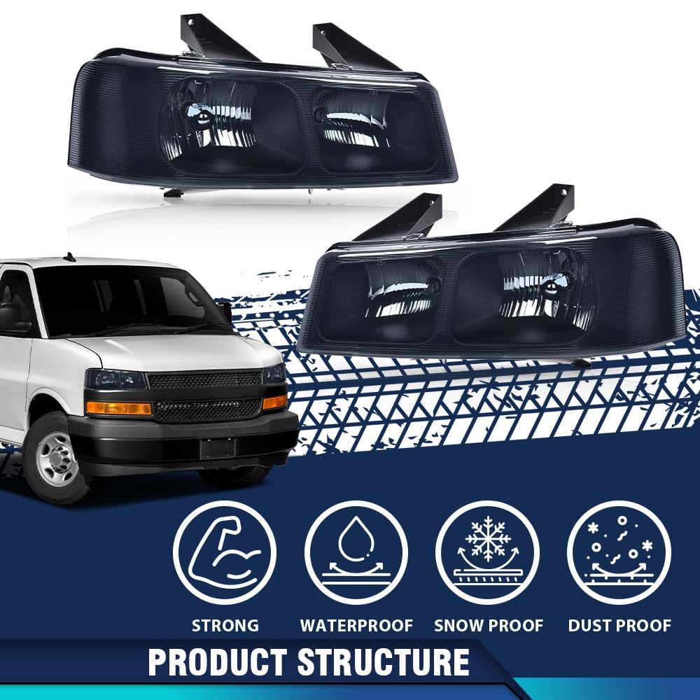 PIT66 Headlights Assembly Pair w/Bulbs Compatible with Chevy Express 1500/GMC Savana 1500 2003-2014, Fit Chevy Express 2500 3500/GMC Savana 2500 3500 2003-2021 (Smoky Lens Black Housing)