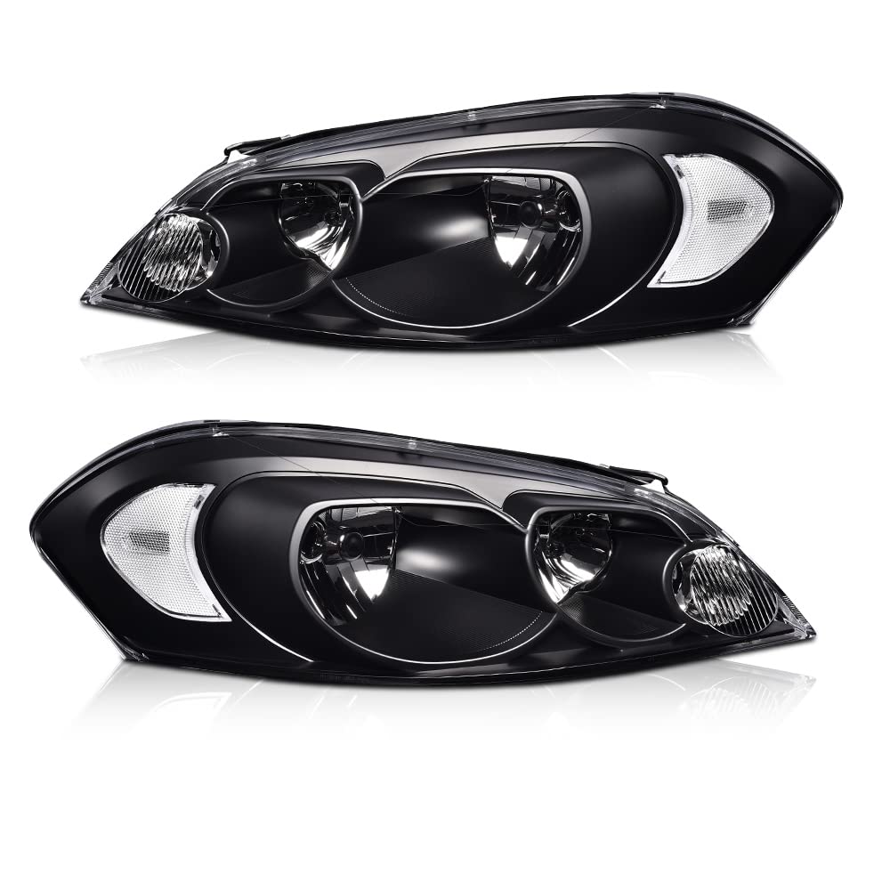 PIT66 Headlight Assembly Compatible with 06-13 Chevy Impala / 14-16 Impala Limited / 06-07 Chevy Monte Carlo Halogen Headlamps Assembly Accessories Clear lens Black Housing Clear Reflector