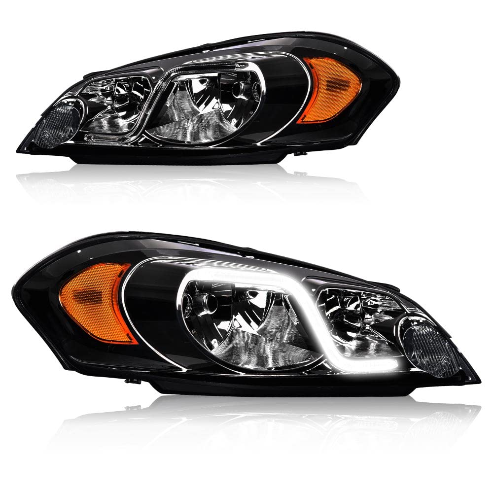 PIT66 Led Headlight Assembly Compatible with 06-13 Chevy Impala /14-16 Impala Limited / 06-07 Chevy Monte Carlo Headlamp DRL Assembly Accessories Smoky lens Chrome Housing Amber Reflector