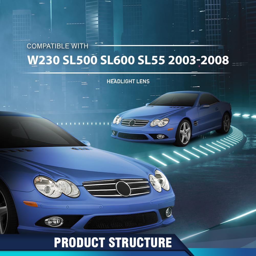 PIT66 Front Headlight Lens Cover Left & Right Pair Compatible with Benz W230 SL500 SL600 SL55 2003 2004 2005 2006 2007 2008 Front Headlamp Lens Cover Clear Lens