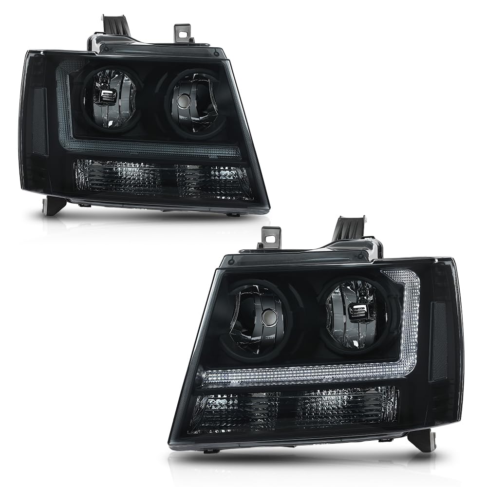 PIT66 LED Headlight Assembly Compatible with 2007-2013 Chevy Avalanche Suburban/Fit 07-14 Tahoe, Headlamp Replacement Smoke Lens Black Housing Clear Reflector faros delanteros