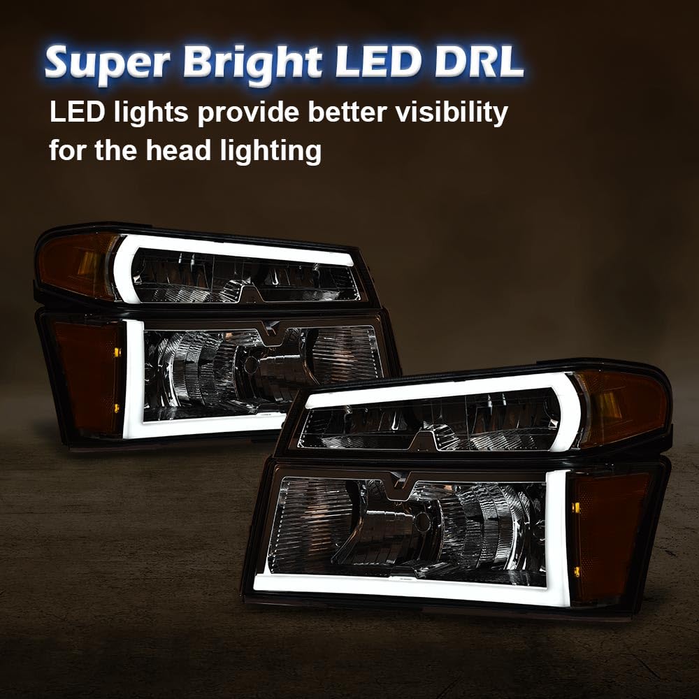 PIT66 LED Headlights Assembly Front Headlamp Compatible with GMC Canyon/Chevy Colorado 2004-2012 20766569,20766570 Smoky lens Black Housing Amber Reflector