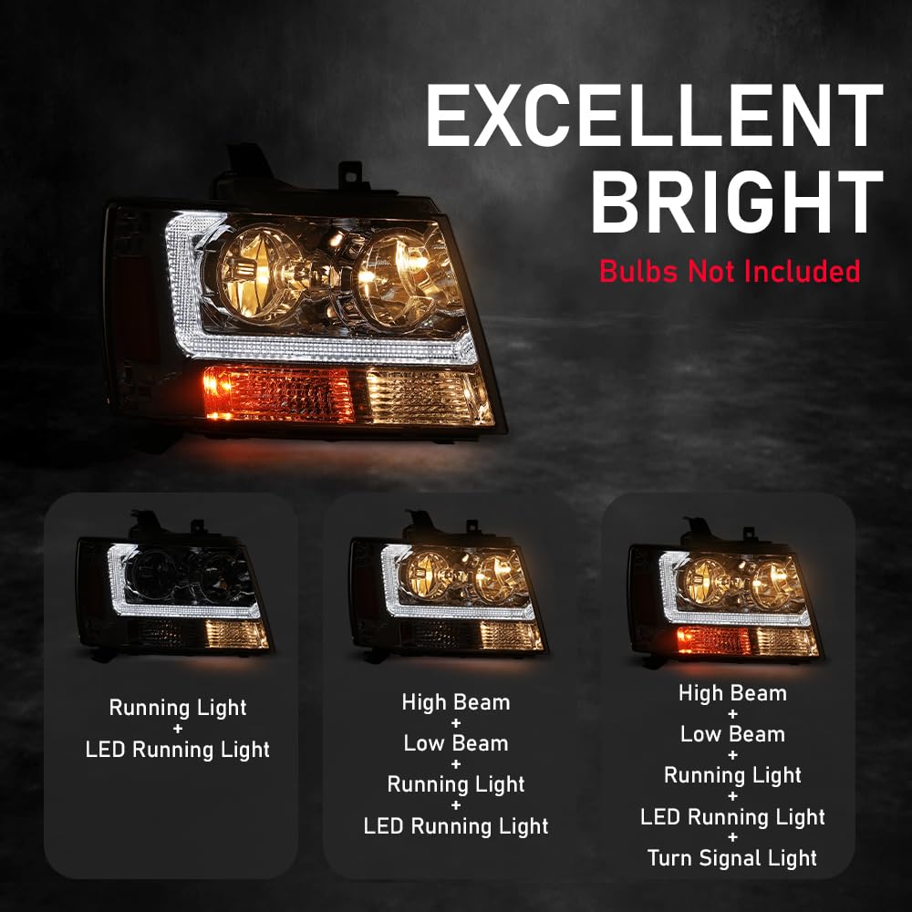 PIT66 LED Headlights Assembly Compatible with Chevy Tahoe Suburban 1500 2007-2014 Fit Avalanche Suburban 2500 2007-2013 Front Headlamp GM2503263 Clear Lens Chrome Housing Amber Reflector