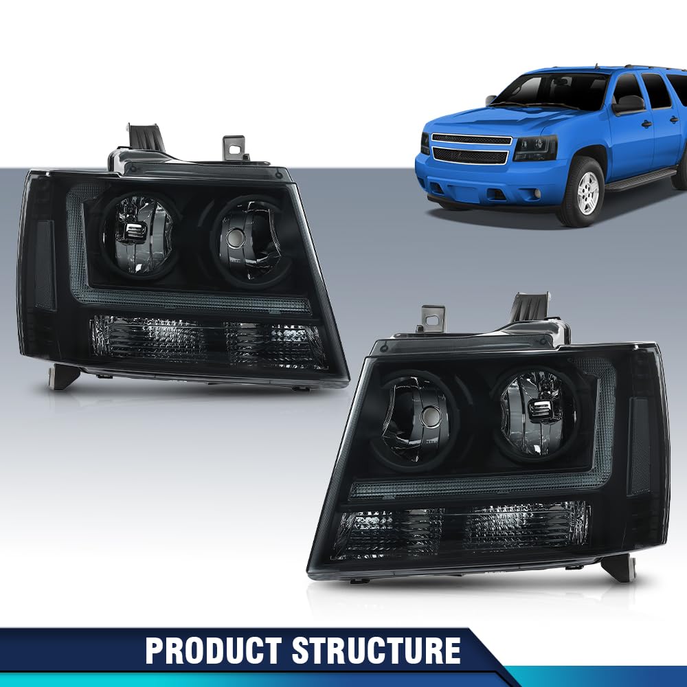 PIT66 LED Headlight Assembly Compatible with 2007-2013 Chevy Avalanche Suburban/Fit 07-14 Tahoe, Headlamp Replacement Smoke Lens Black Housing Clear Reflector faros delanteros