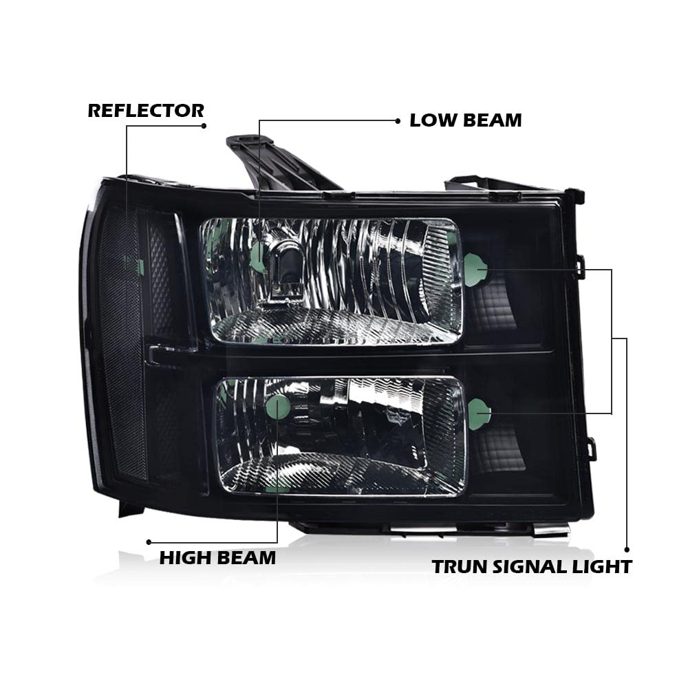 PIT66 Headlights Assembly Compatible with 2007-2013 GMC Sierra 1500,07-14 2500HD 3500HD Headlamps Replacement Smoky Lens Black Housing Clear Reflector faros delanteros