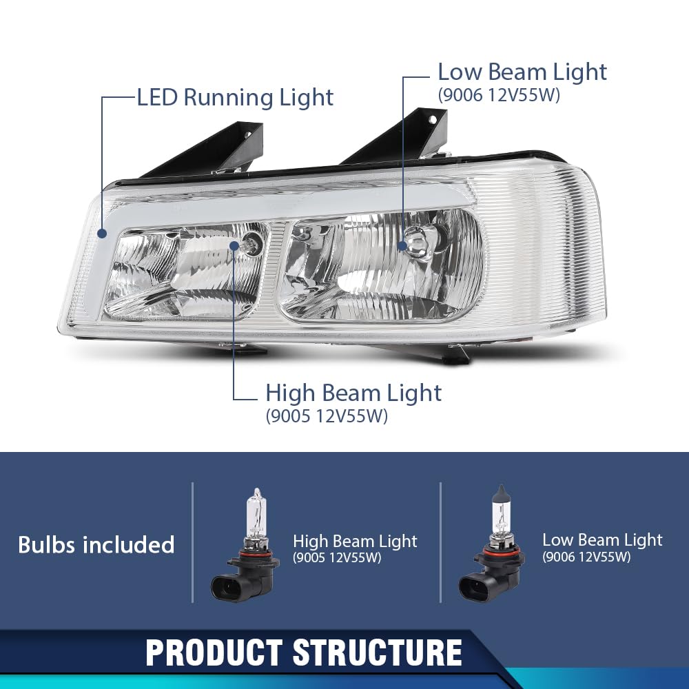 PIT66 LED Headlights Assembly w/Bulbs Compatible with Chevy Express GMC Savana 1500 2003-2014/ Fit GMC Savana 2500 3500 2003-2023 Clear Lens Chrome Housing Front Headlamps