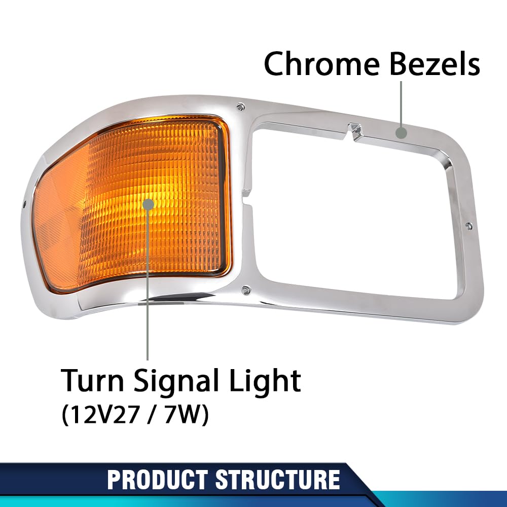 PIT66 Chrome Headlight Bezels Driver and Passenger Side with Bules Compatible with Ford F650 F750 2000-2015 FO2520196 FO2521196 YC3Z13201AA YC3Z13200AA